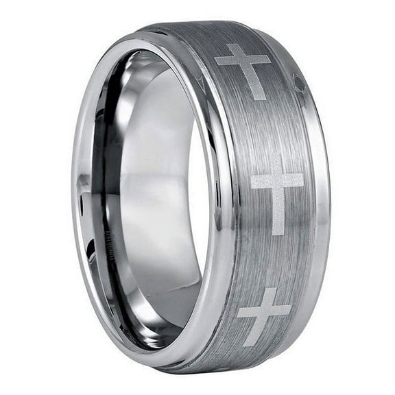 Tungsten Rings for Men Wedding Bands for Him Womens Wedding Bands for Her 9mm Stepped Edge Brushed Center with Crosses