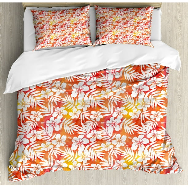 Orange Queen Size Duvet Cover Set Fantasy Watercolor Backdrop With White Hibiscus Blossoms Leaves Aloha Jungle Decorative 3 Piece Bedding 2 Pillow Shams Yellow C By Ambesonne Com Orange Queen Size Duvet Cover Set, Orange Queen Bedding Set