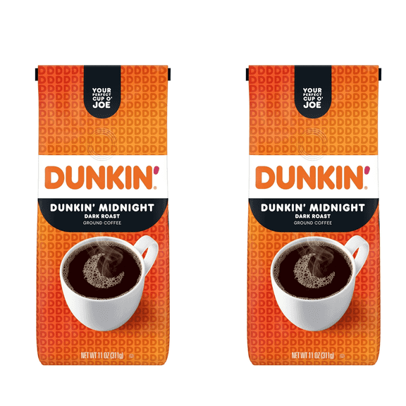 (2 pack) Dunkin Midnight Dark Roast Ground Coffee, 11 oz Bags