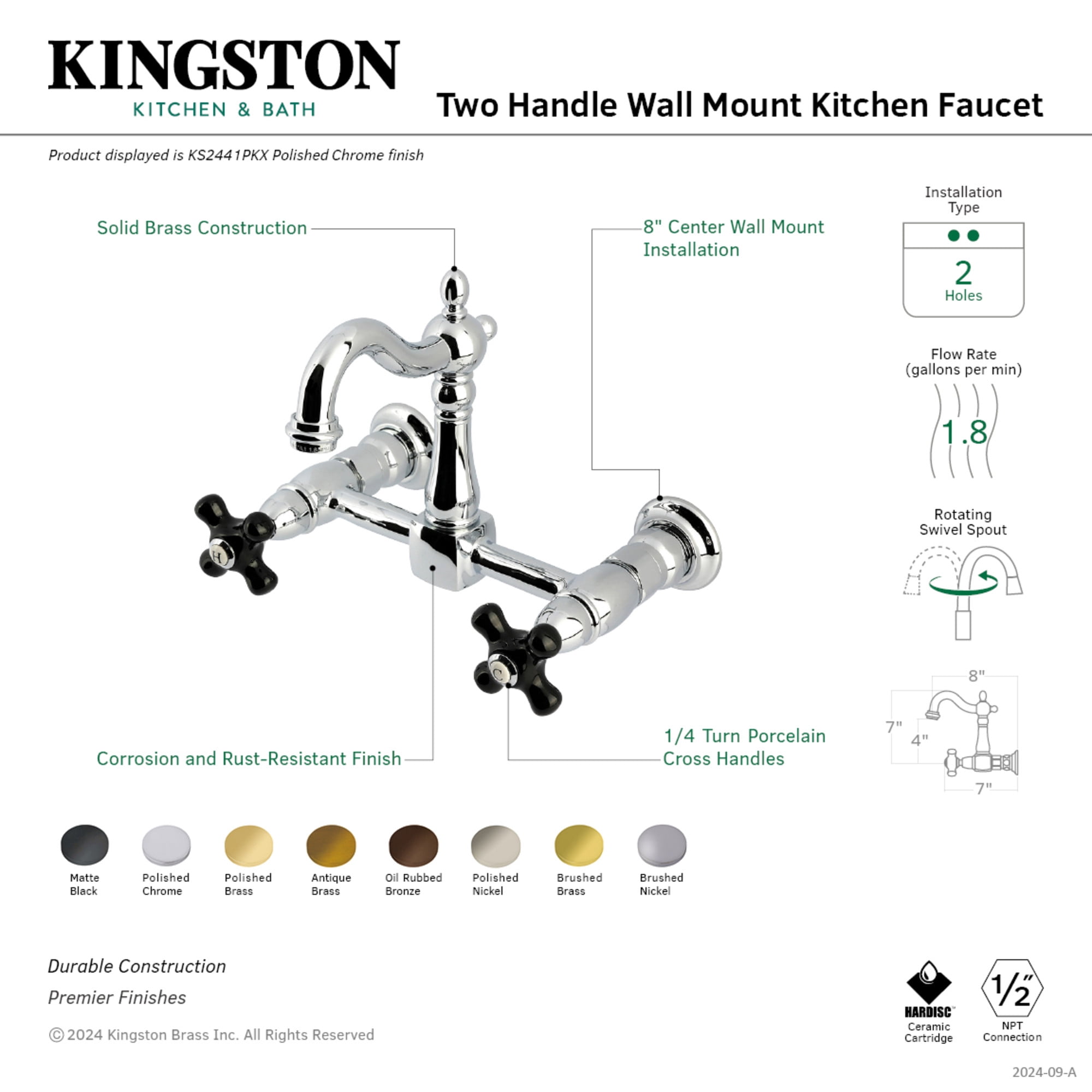 Kingston Brass KS2443PKX Duchess Double-Handle Wall-Mount Bridge Kitchen Faucet, Antique Brass