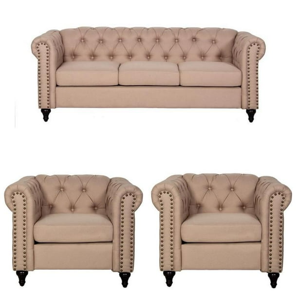 3 Piece Sofa Set with 3 Seater Sofa and 2 Armchairs in Beige Walmart
