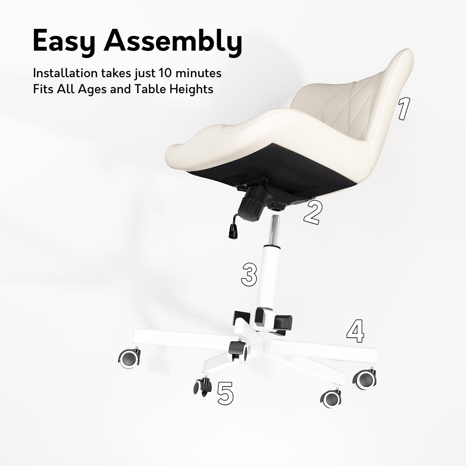 iooHug Armless Office Chair, PU Leather Small Computer Desk Chair with Wheels, Adjustable Swivel Vanity Chair with Memory Foam Cushion, No Arms Task Chair for Home Office, Bedroom, White