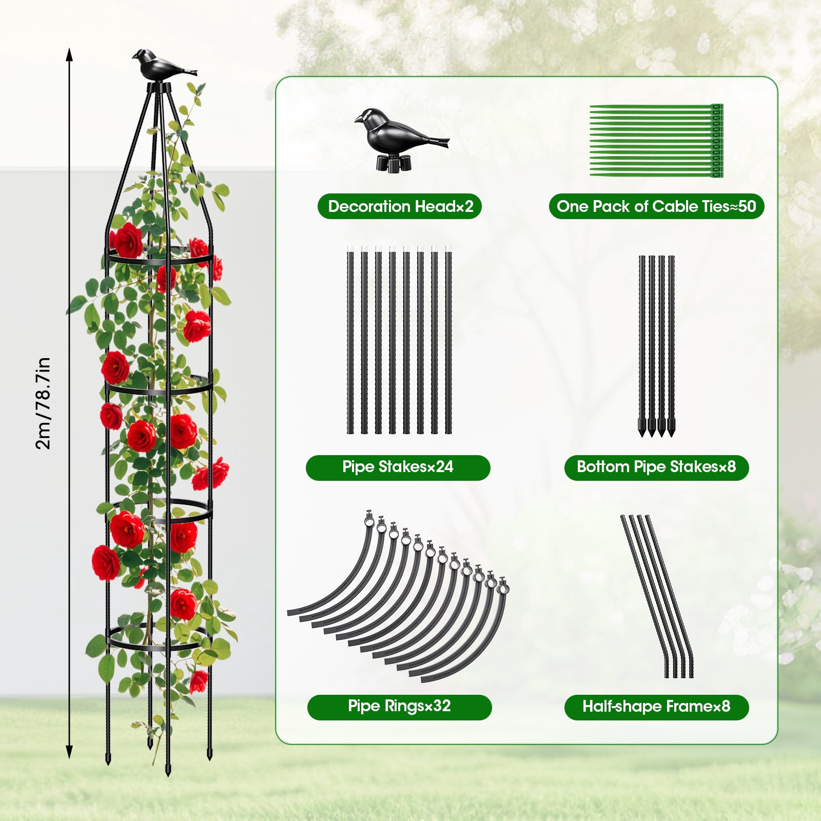2 Pcs 78.7in Garden Obelisk Trellis for Climbing Plants-Rustproof Metal Pipe with Heavy Duty Plastic Coated, Garden Outdoor Indoor Potted Plant Support for Clematis Vine Jasmine Support（2 Pack）