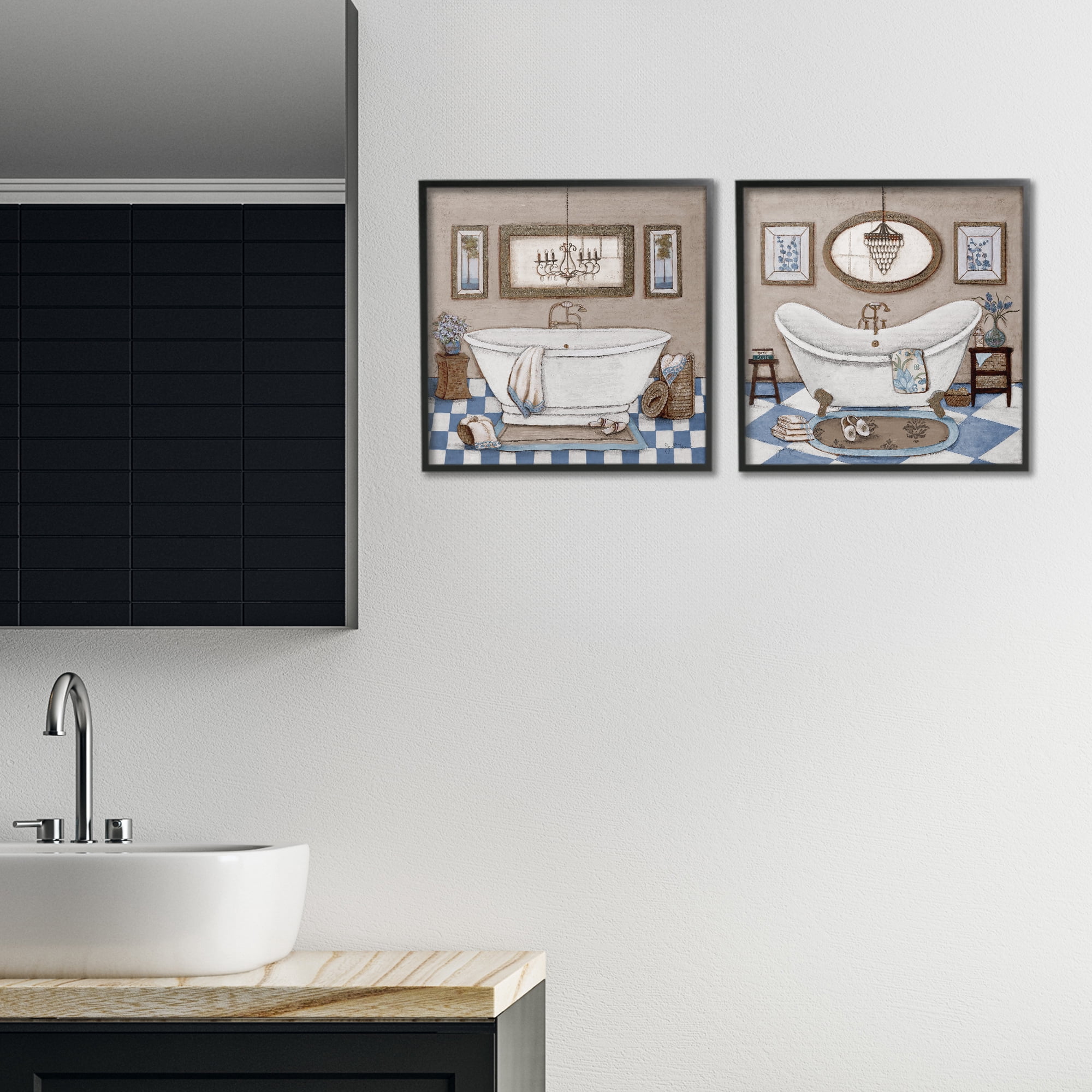Stupell Industries Tiled Bathroom Views 2 Piece Black Framed Giclee Art Set, design by Janet Tava