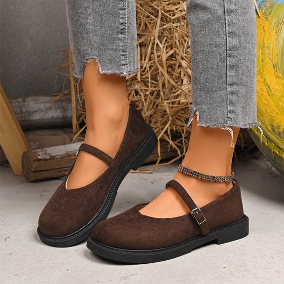 IEMIEMIEM Mary Jane Shoes Women Suede Ballet Flats Platform Non-Slip Classics Round Toe Ankle Buckle Strap Comfort Casual Dress Work Mary Jane Flat Shoes Coffee 7.5 Wide