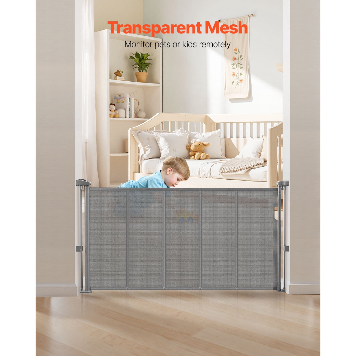 KFFKFF Retractable Baby Gate, 34-inch Height, Expands up to 55-inch Width, Safety Gate for Children or Pets, Durable Mesh Design, Simple Installation for Stairs, Doorways, Hallways, and Play Areas