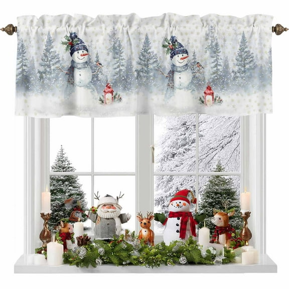 Rod Pocket Window Valances Merry Xmas Winter Snowman Pine Tree Short Kitchen Curtains Golden Snowflakes Seamless Window Treatment Drapes for Bedroom Bathroom Living Room 54x18In,1 Panel