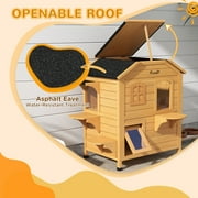 PawHut Outdoor Wooden 2-Story Cat House, Wooden Door, Openable Roof, Jumping Platforms, Natural