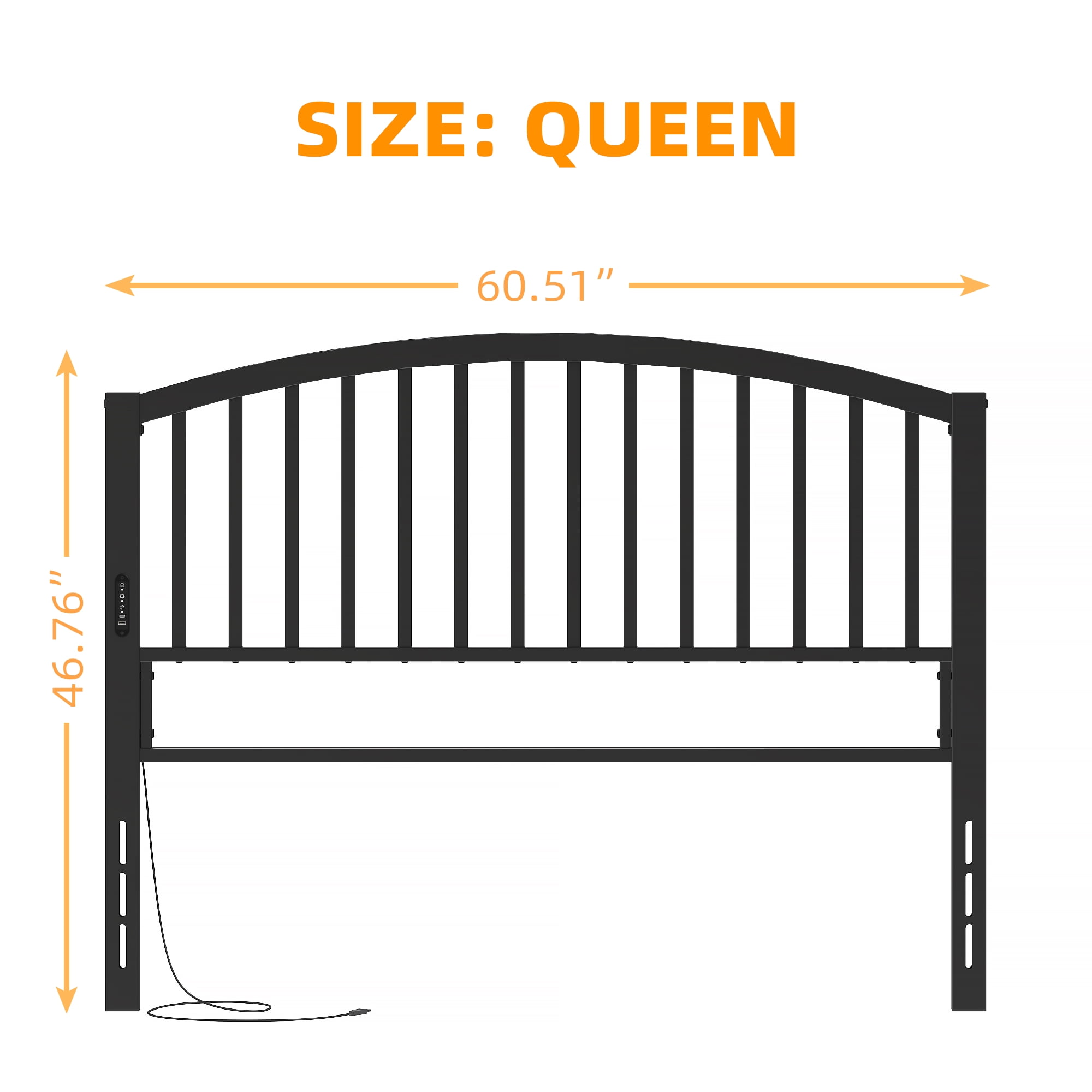 Garmic 46.76” High Queen Size Metal Headboard with LED Light & Charging, Height Adjustable Metal Platform Bed Headboard for Bed Frame - Black