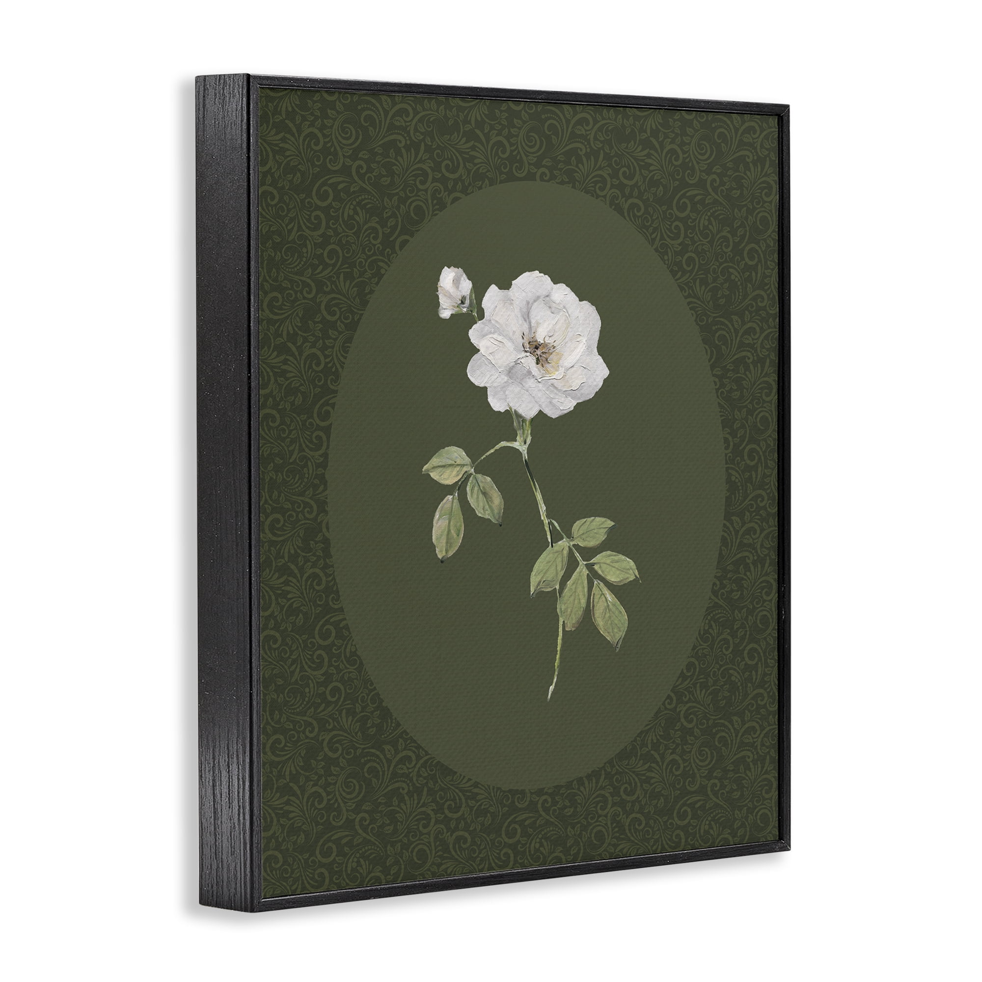 Stupell Industries White Rose on Emerald Black Framed Giclee Art, design by Sally Swatland