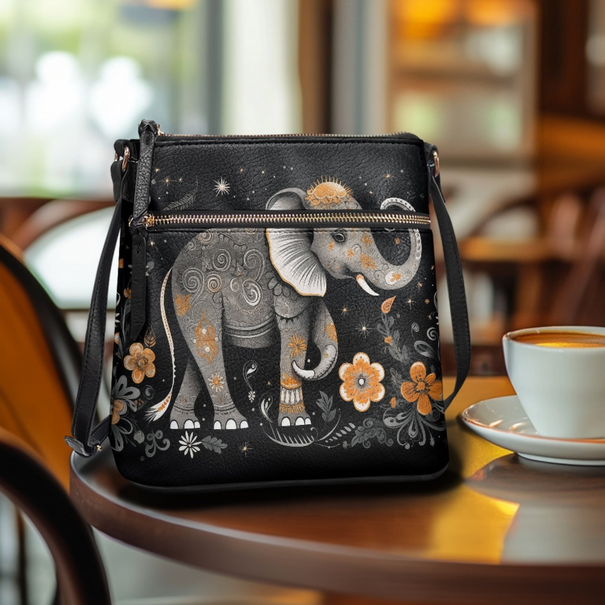 Kuiaobaty Elephant Flower Print Crossbody Bag for Women Travel, Lightweight Vegan Leather Crossbody Purse with Smooth Zipper, Casual Multi Pocket Shoulder Handbag, Waterproof Sling Bag