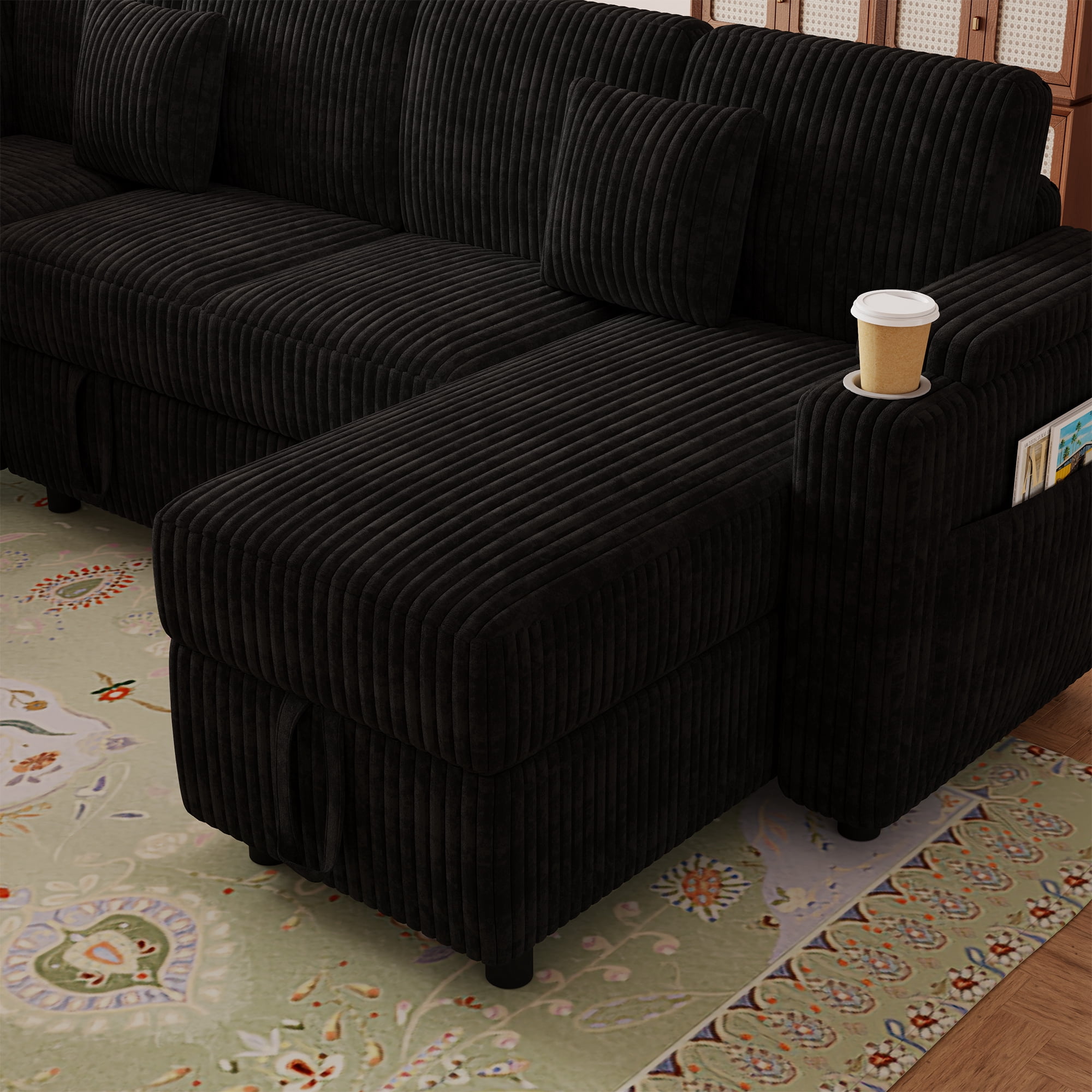 100"W L-Shaped Pull-Out Sofa Bed with USB Ports,Table Board,Cup Holder & Storage,7-Seat Corduroy Modular Sectional Sofa,Convertible Sleeper,Black