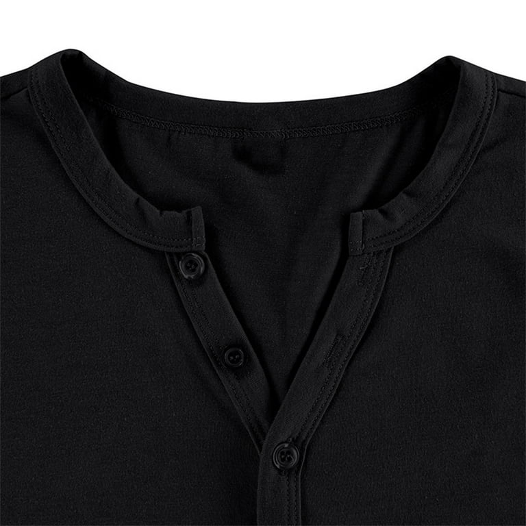 JUUYY Men's Summer Fashion Five Button Round Neck Henley Shirt Casual  Elastic Solid Color Short Sleeve Slim Fit Sports T-shirt Black L 