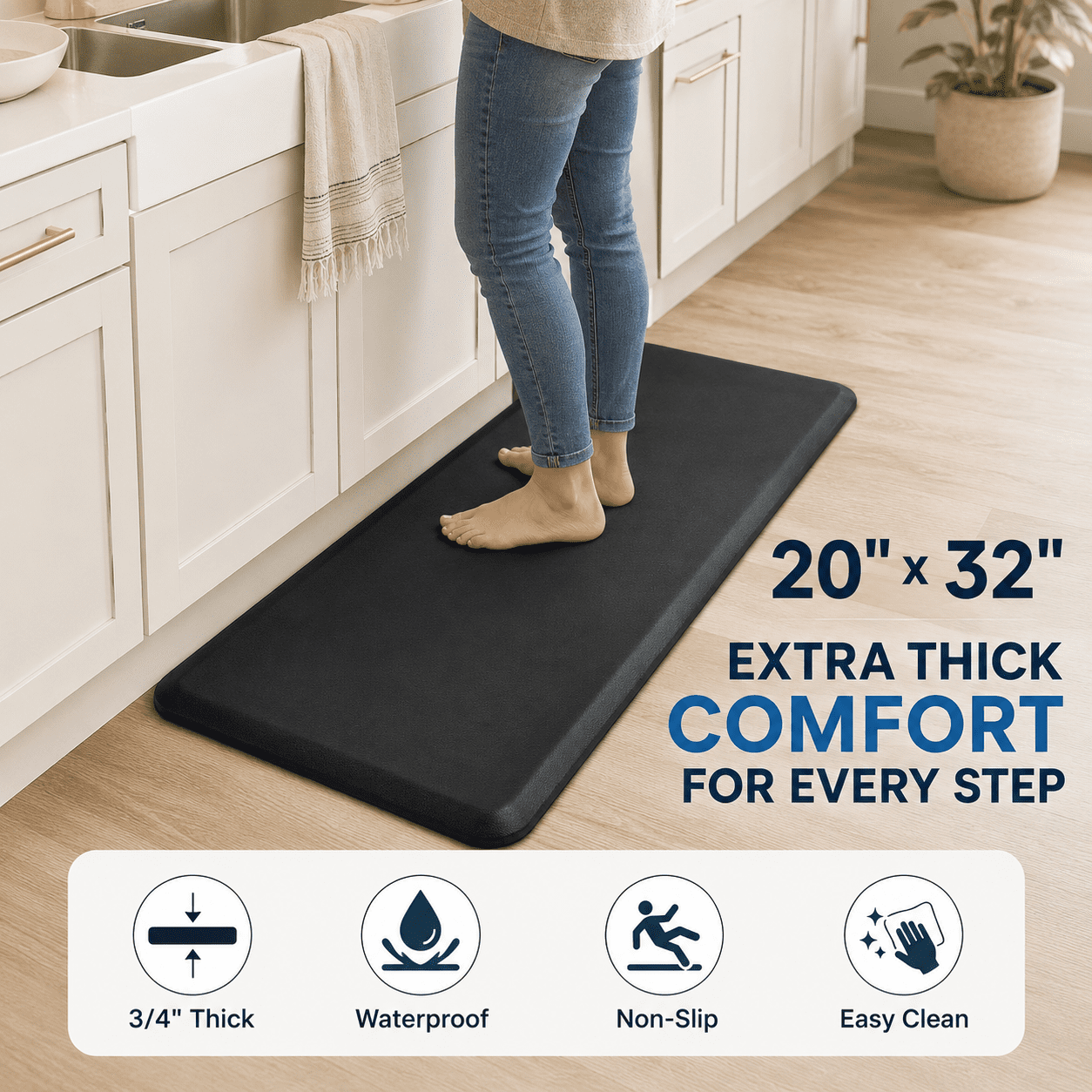 Yeslife Anti-Fatigue Kitchen Mat, 20" x 32", Black PVC, 3/4" Thick Waterproof Cushioned Non-Slip Floor Mat for Kitchen, Office, Desk, Garage & Home
