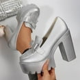 thumbnail image 2 of Gpaecead Women Bow Tassel Chunky Hight Heel Loafer Faux Leather Summer Outdoor Platform Non Slip Comfort Shoes, Silver, 2 of 6