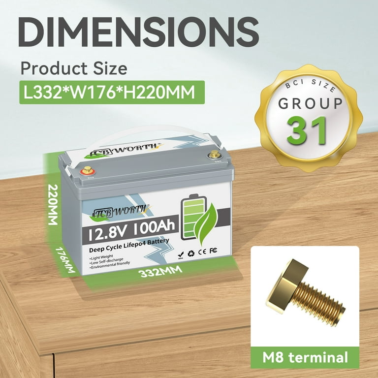 TCBWORTH 4Pack 12V 100Ah LiFePO4 Lithium Battery with 100A BMS for