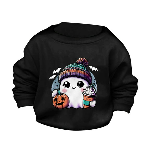 Otqutp Baby Boys Girls Long Sleeve Sweatshirt Children's Halloween Cute Little Bats and Pumpkin Printed Round Neck Sweater Autumn Hoodie Sweatshirt (Black,13-14 Years)