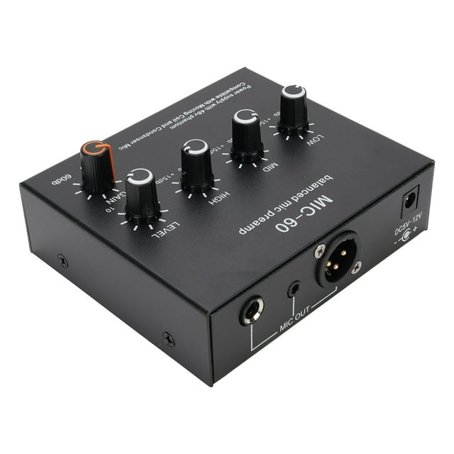 Microphone Preamp Mic Booster, Home Audio Power Amplifier with 3 Input, 60db Gain & 48V Power, Small Stereo Audio Preamplifier for Dynamic and Condenser Mic