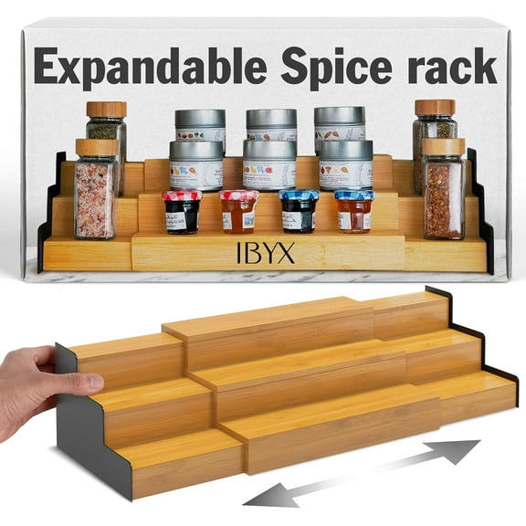 Premium 3-Tier Spice Rack Organizer for Cabinet - Expandable Bamboo Spice Storage - Non-Skid Countertop Step Spice Shelf - Great for Kitchen Cabinet, Countertop, Cupboard, Pantry (Natural)