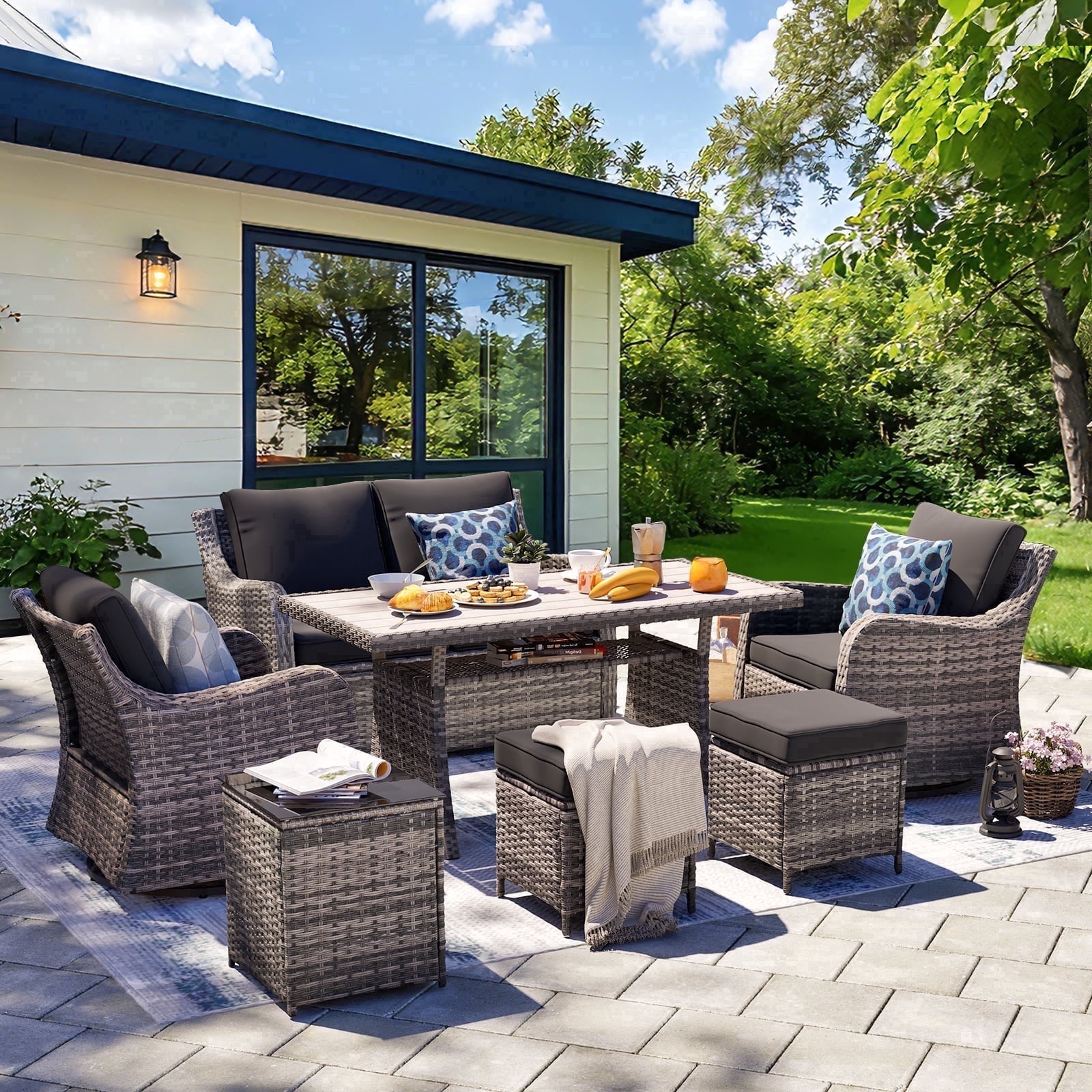 MEISSALIVVE 7 Pieces Patio Furniture Set with Dining Table, Outdoor Wicker Conversation Set with 2-Seat Sofa, Wicker Armrest Swivel Chairs, 2 Ottomans, Black