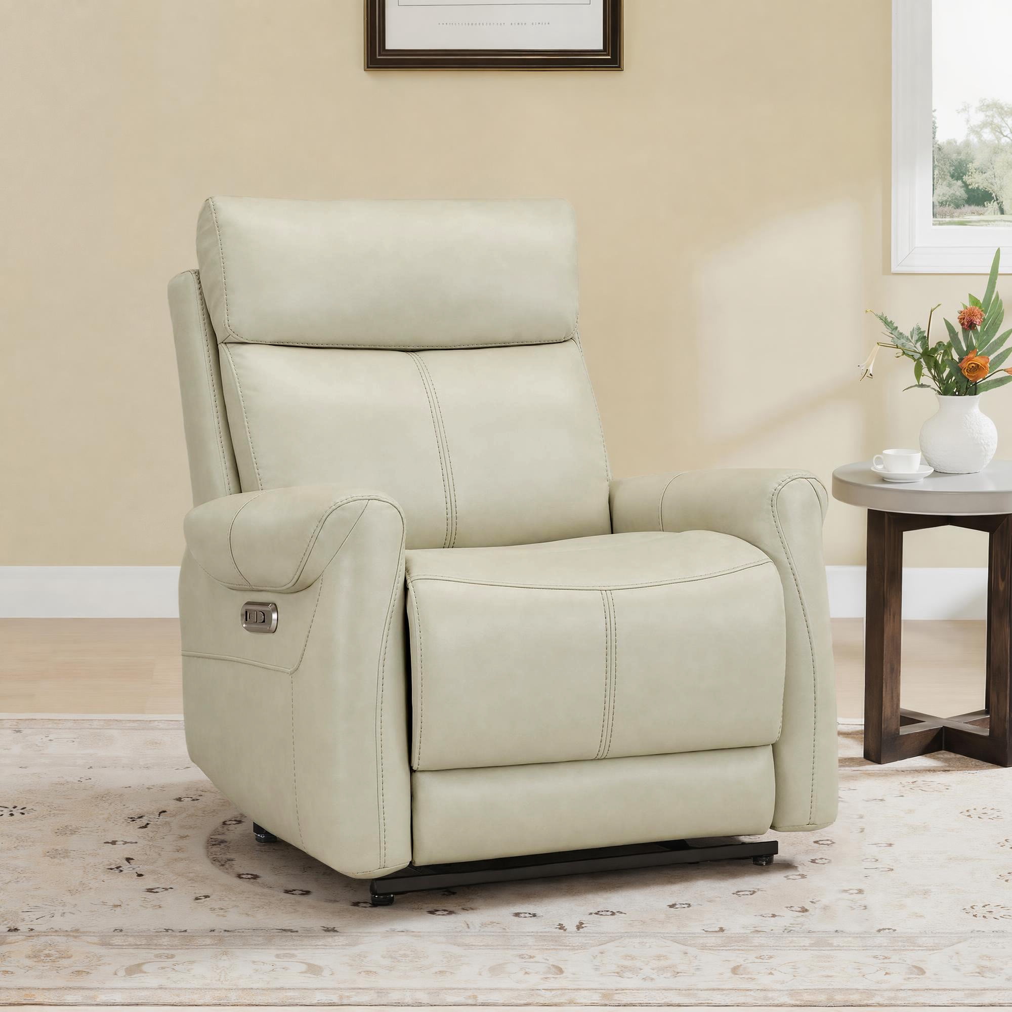 Spruce & Spring Power Recliner Chair, Wall Hugger Reclining Chair for Living Room, Bedroom, Faux Leather, Creamy Gray