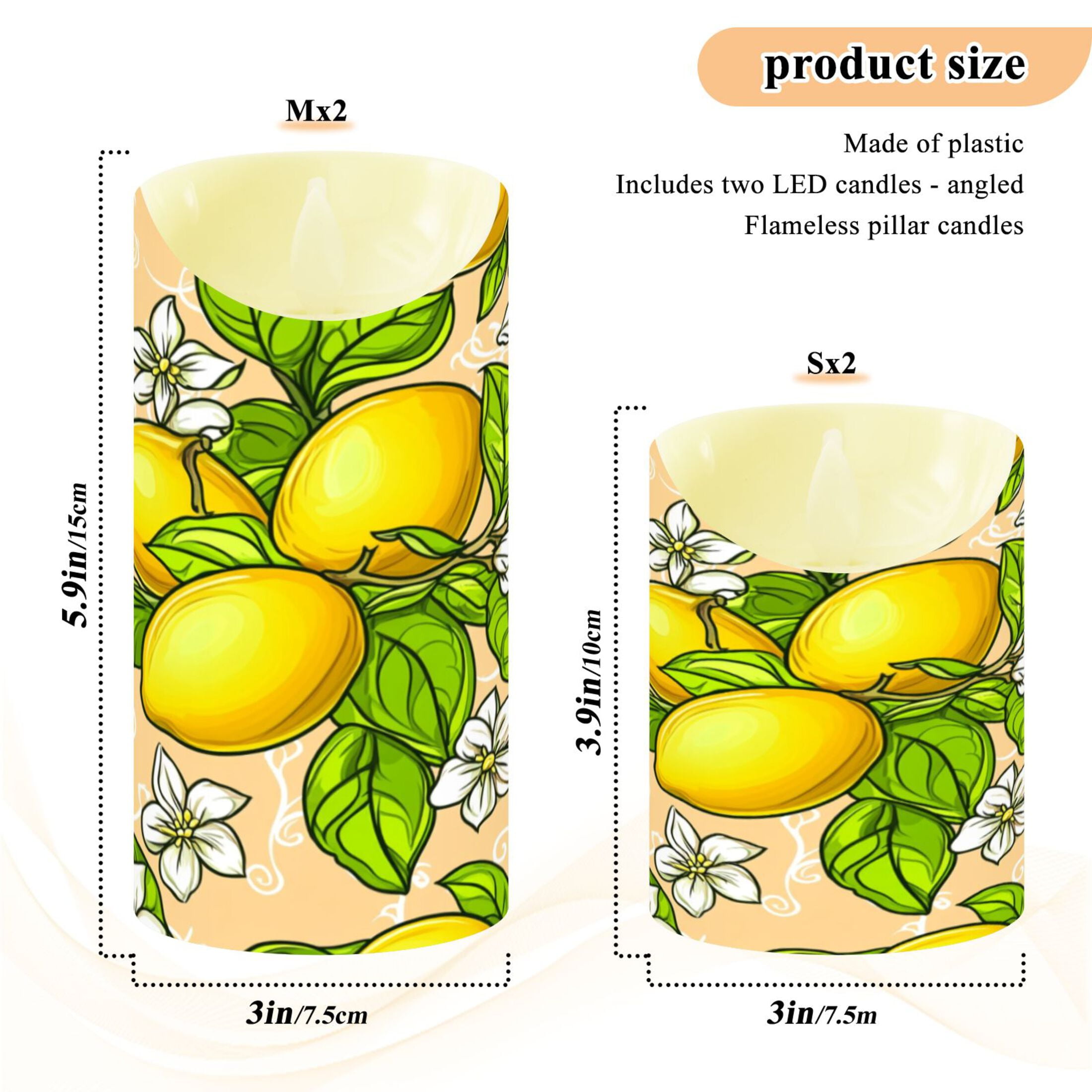 Lemon Blossoms Flameless Candles 2 PCS with Remote Realistic Moving Flame LED Tapered Pillar Set for Home Decor