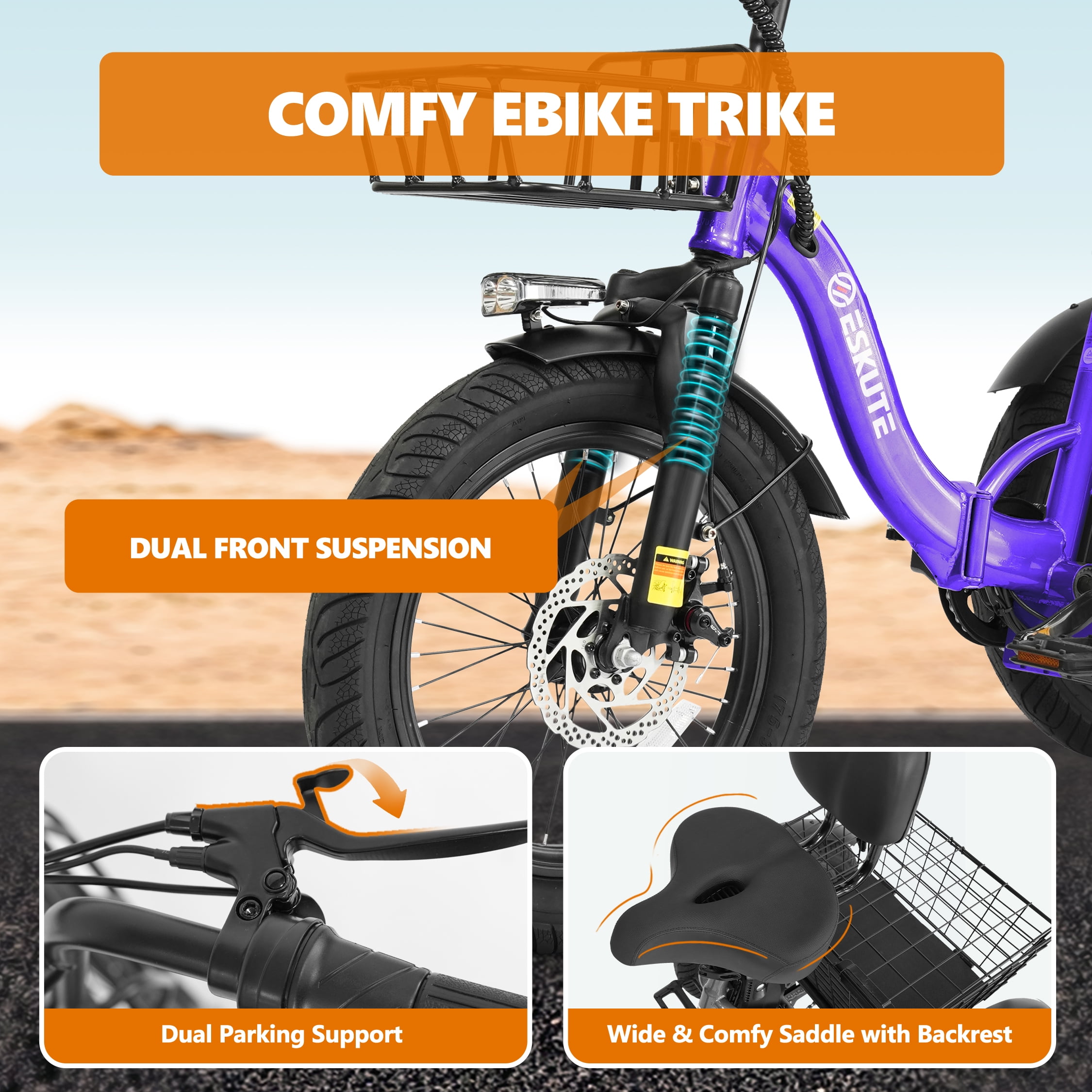 ESKUTE Purple E Trike Electric Bike, Peak 1200W Brushless Motor Folding Trike 18X3.0 Fat Tire Ebike, 499Wh Removable Battery, Step-Thru 3 Wheel Electric Bicycle, 48V 13AH 18MPH+ Tricycle for Adults