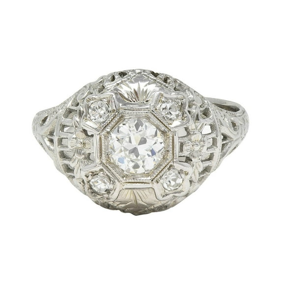Art Deco Floral Filigree Five Stone Diamond Ring 2.1 Ct Diamond 14K White Gold Over