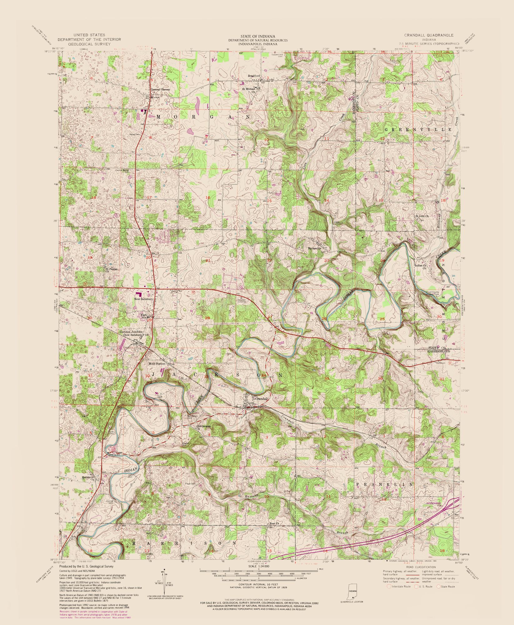 Topo Maps - Crandall Indiana Quad - USGS 1954 - 23.00 x 27.95 - Matte Art Paper - image 1 of 1