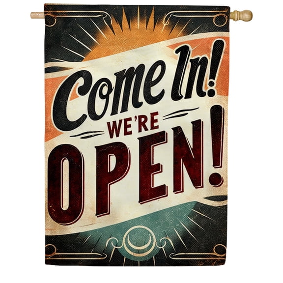 America Forever Retro Come In Open House Flag, 28 x 40 inch Double Sided, Vintage Business Banner, Classic Welcome Decor, Outdoor Shop Sign Flag