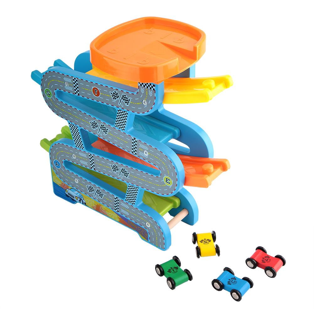LYUMO Wooden Car Sliding Track with 4 Mini Car Educational Toys Gifts