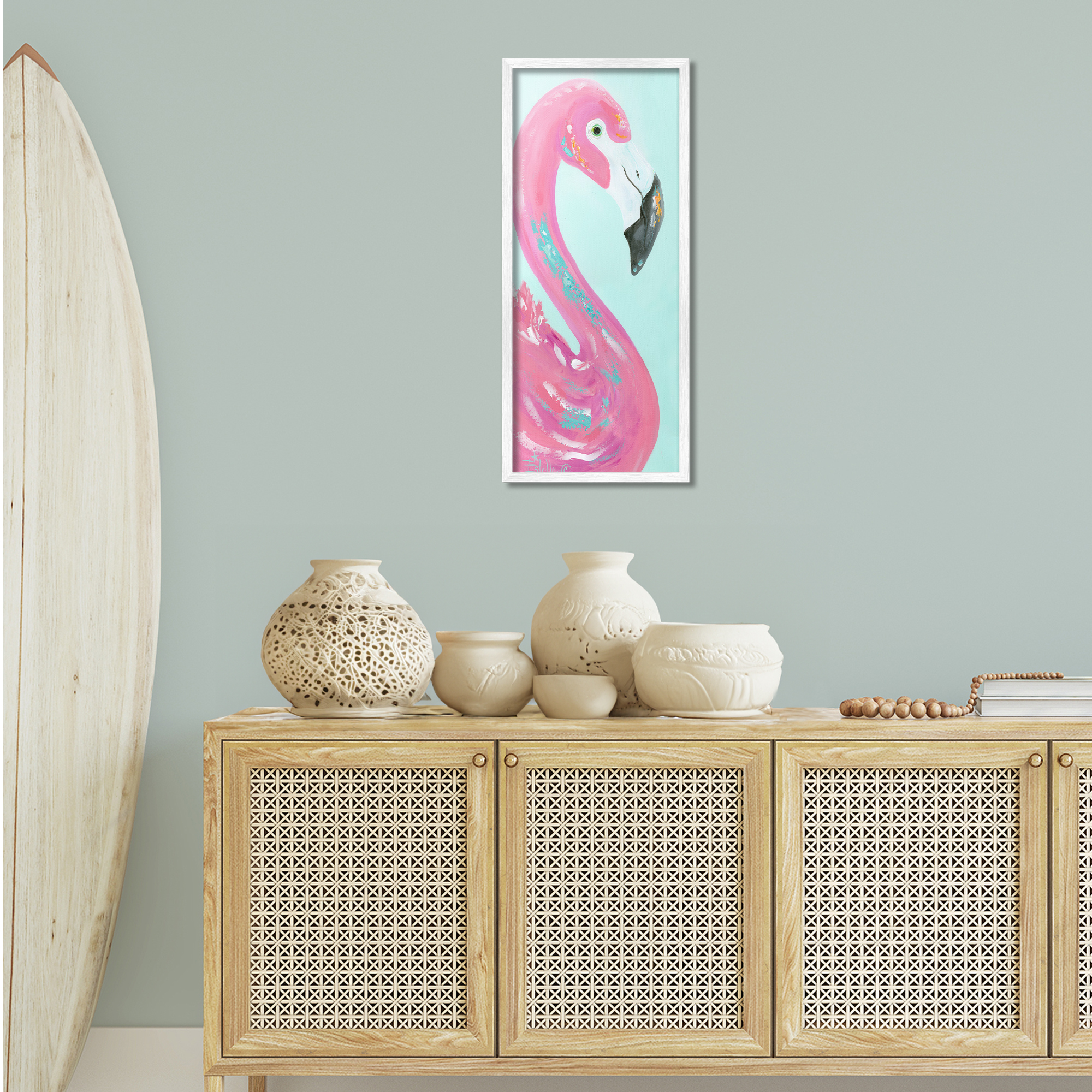 Stupell Industries Odd Flamingo Portrait Animals & Insects Painting White Framed Art Print Wall Art, 13 x 30