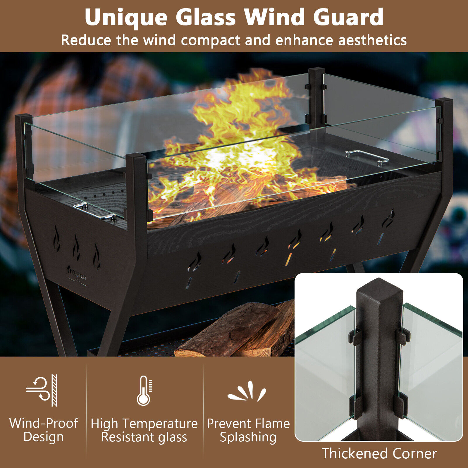 Amijoy Stainless Steel Barbecue Charcoal Grill With Unique Glass Windshield, Seasoning And Storage Rack, Heating And Cooking Grill, Outdoor Barbecue Grill