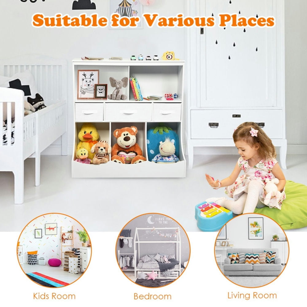 Resenkos Freestanding Combo Cubby Bin Storage Organizer Unit W/3 Baskets-White, Kids Toy Storage for Kids, Boys, Girls, Nursery