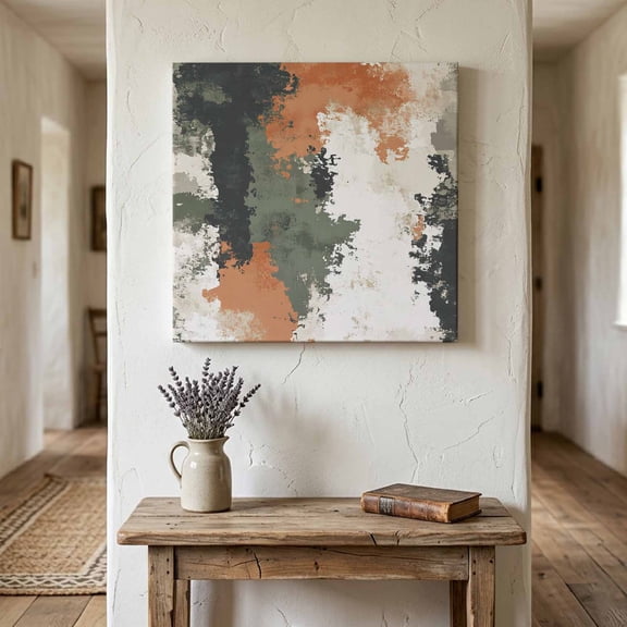 Ships Next Day Canvas Wall Art 8"x8", Vintage Sage Green Orange Wood Framed Canvas Print Painting, Modern Abstract Art Ready to Hang Small Picture Wall Decor for Home Bathroom Nursery Kitchen