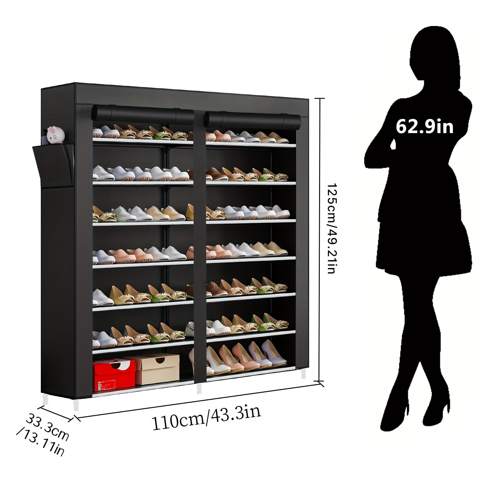 Double Row 7-Tier Shoe Rack with Dust Cover, Space-Saving Large Capacity Shoe Storage Cabinet, Easy Assemble Portable Organizer for Entryway, Home, Dorm