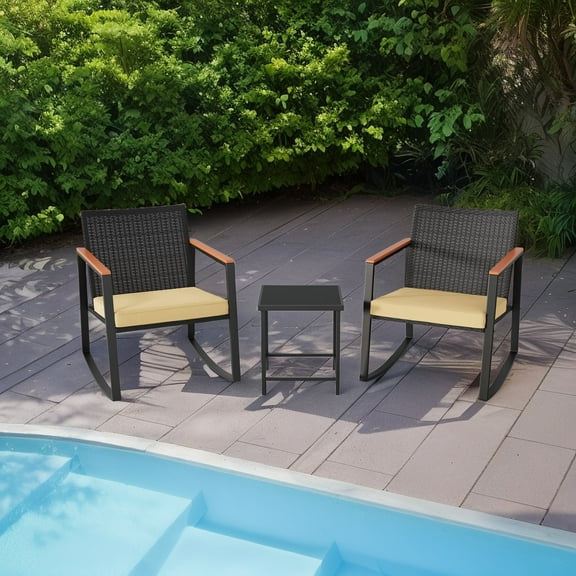 3 Pieces Patio Wicker Chairs Set, Asofer Rocking Patio Bistro Set with Caffee Table for Poolside,Yard, Porch, Beige