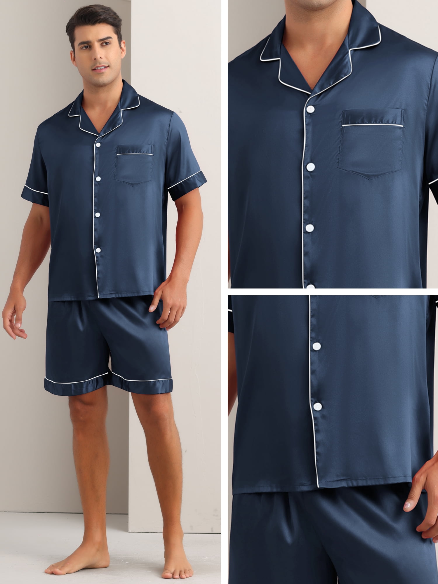 DARING DIVA Men's 2-Piece Satin Short Sleeve Nightwear Shorts Pajamas Set S Dark Blue