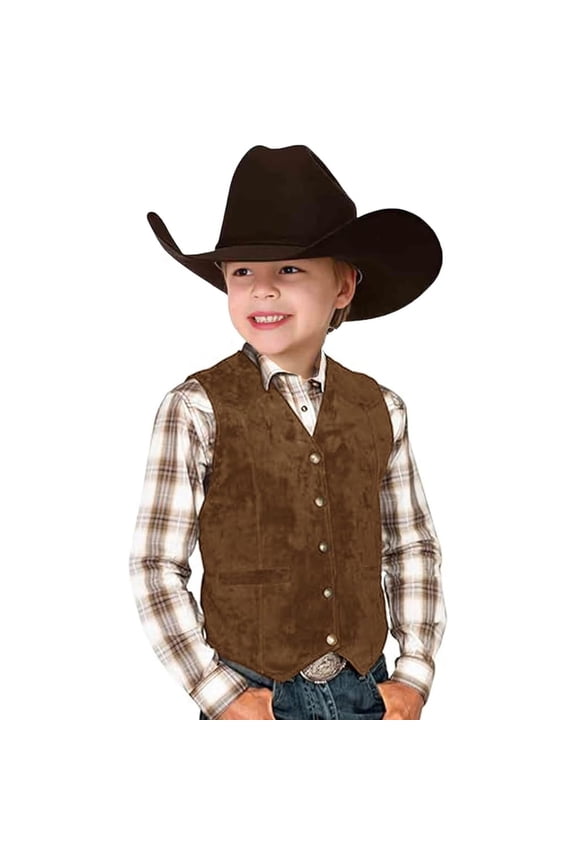 Big Kid Retro Boys Cowboy Vest Suede Leather Style V Neck Casual Western Vest Vintage Waist Coat Tang Boys Swim Tee Shirt Toddlers Tees Youth Tech Tee Graphic Kids Youth Shirt 11-12 Years Brown