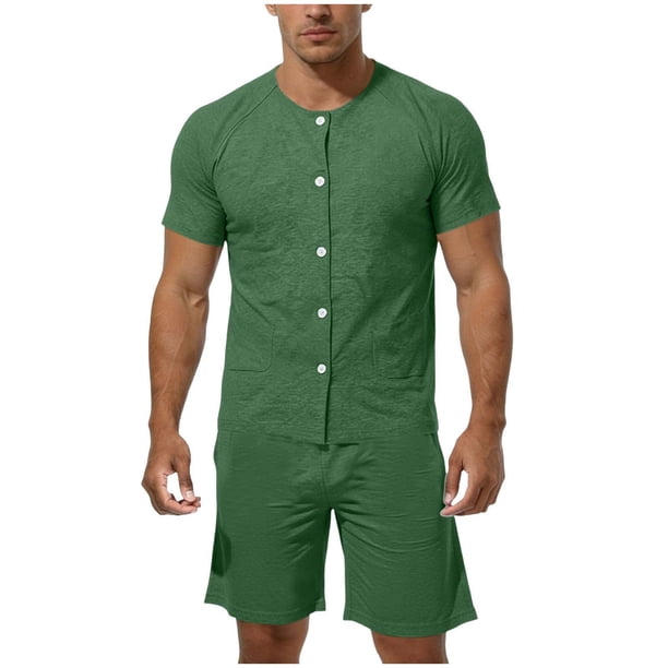 Camisetas de Manga Completa Hombres Bolsillo de Color Sólido Camiseta de Cuello Redondo de Manga Corta Abierta Completa con Pantalones Cortos de Cintura Elástica para Al Aire Libre, Casual, Uso Diari