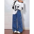 thumbnail image 4 of Women'S Ribbon Tie Detail Utility Style Jeans Casual Straight Wide Leg Denim Trousers Blue M, 4 of 9