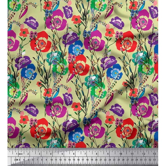Soimoi Rayon Fabric Leaves & Poppy Floral Print Fabric by the Yard 56 Inch Wide