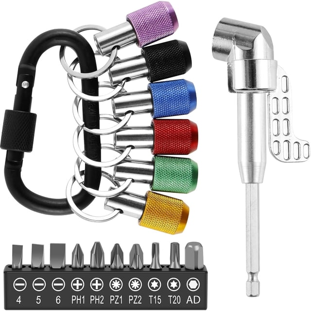 18Pcs Flexible Drill Bit Extension Hex Shank 105° Right Angle Drill Attachment 1/4 3/8 1/2" Hex Shank Impact Driver Socket Adapter Rotatable Socket Bit Holder Keychain Set for Fine Finish (B)