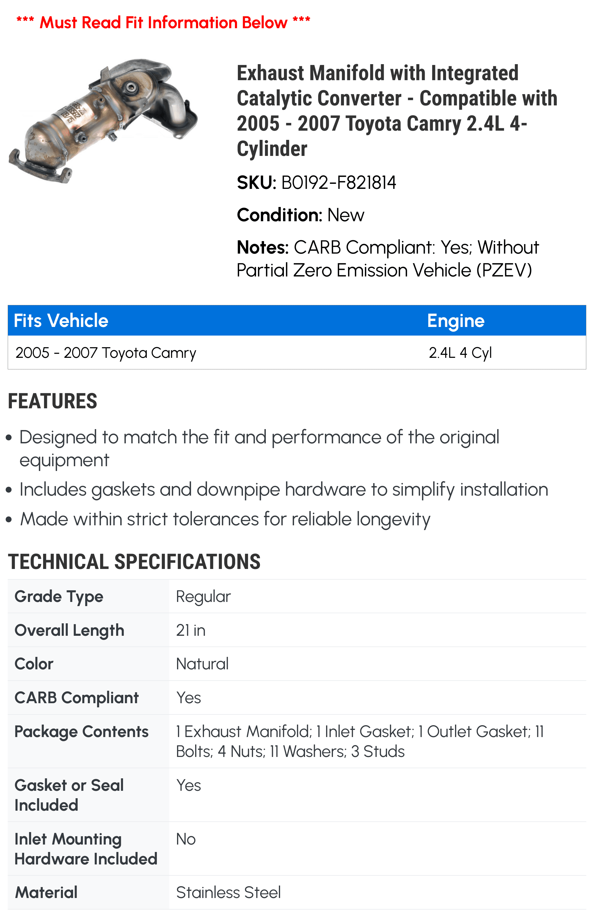 Exhaust Manifold with Integrated Catalytic Converter - Compatible with 2005 - 2007 Toyota Camry 2.4L 4-Cylinder 2006