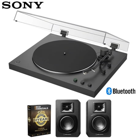 Sony PS-LX3BT Full Auto Playback Turntable with Bluetooth Connectivity, Black Bundle with Audio-Technica AT-SP3X Bookshelf Speakers and Deco Essentials CPS Exclusive 2 YR Protection Pack