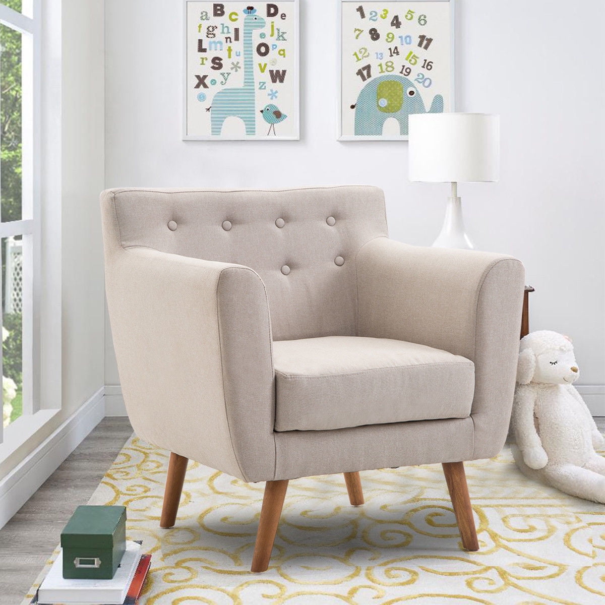 Gymax Armchair Tufted Back Fabric Upholstered Accent Chair Single Sofa Wood Leg Beige by Gymax