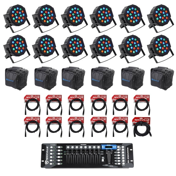 (12) Rockville RockPAR50 Par Can Wash Lights 192 Ch DMX Controller Cables Bags
