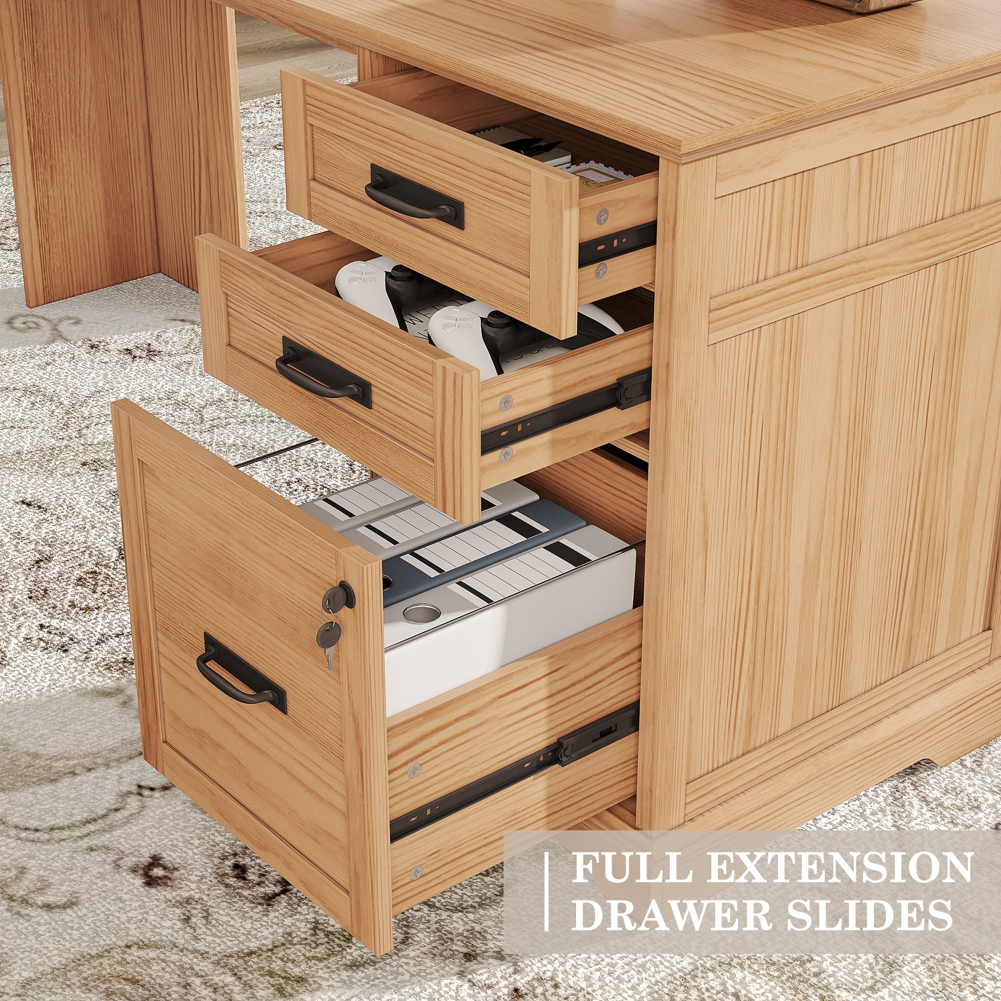 67'' Farmhouse L Shape Desk with File Drawers and Charging Station for Home Office, Walnut
