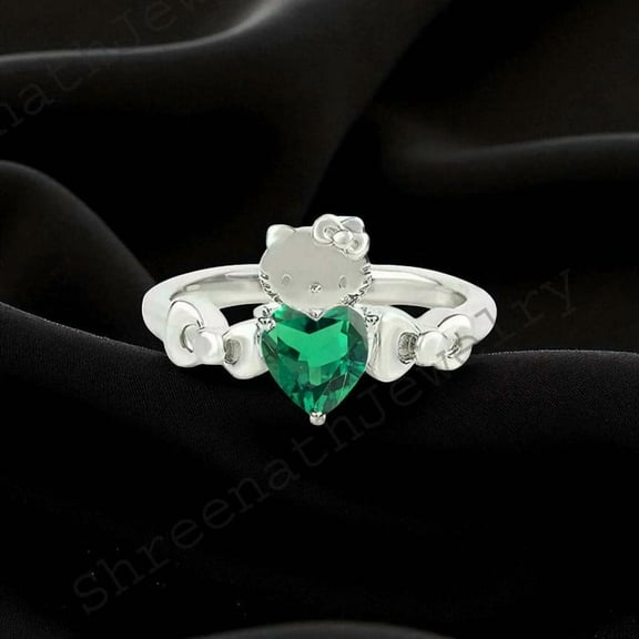 SHREENATHJEWELRY Kitty Inspired Ring Hello Cute Kitty Emerald Ring Japanese Cartoon Novelty Ring 925 Silver Kitty Ring Animal Lover Jewelry Cat Lover Gift