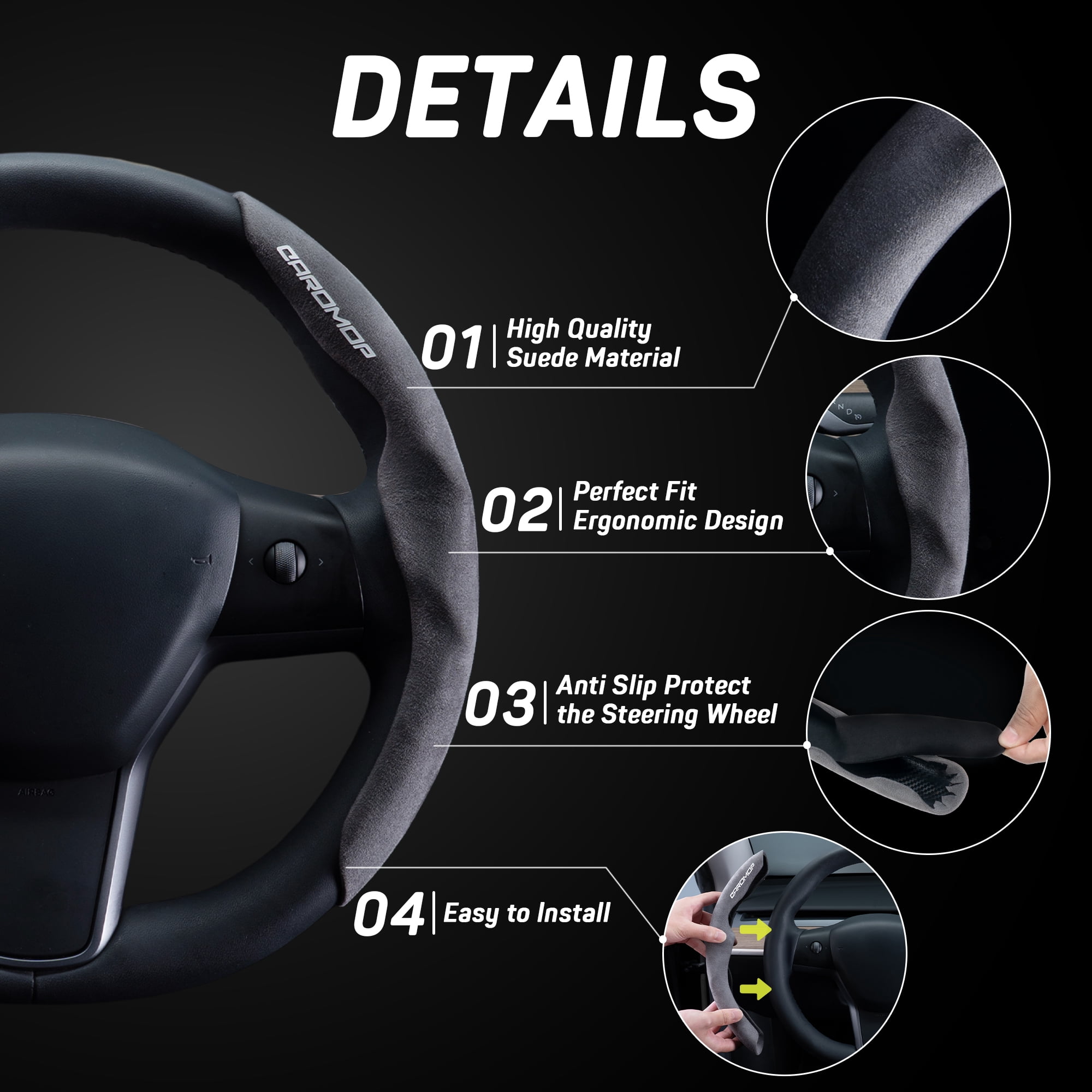 Caromop Suede Steering Wheel Cover, 14.5-15 in, Non-Slip, 2 pack, Gray